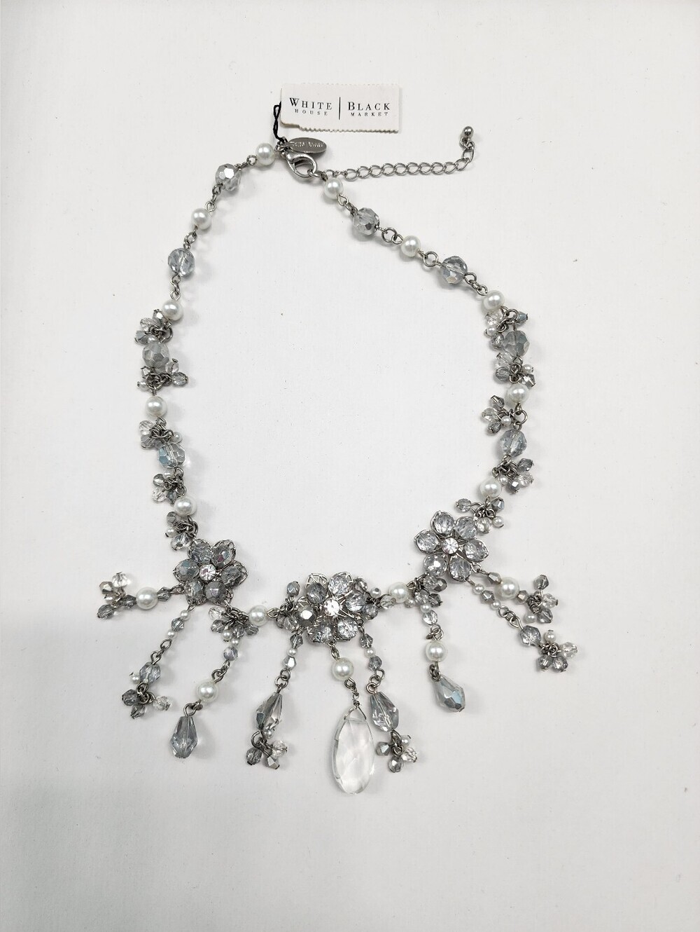 NEW! White House Black Market Silver and Clear Crystal Floral Bib Necklace